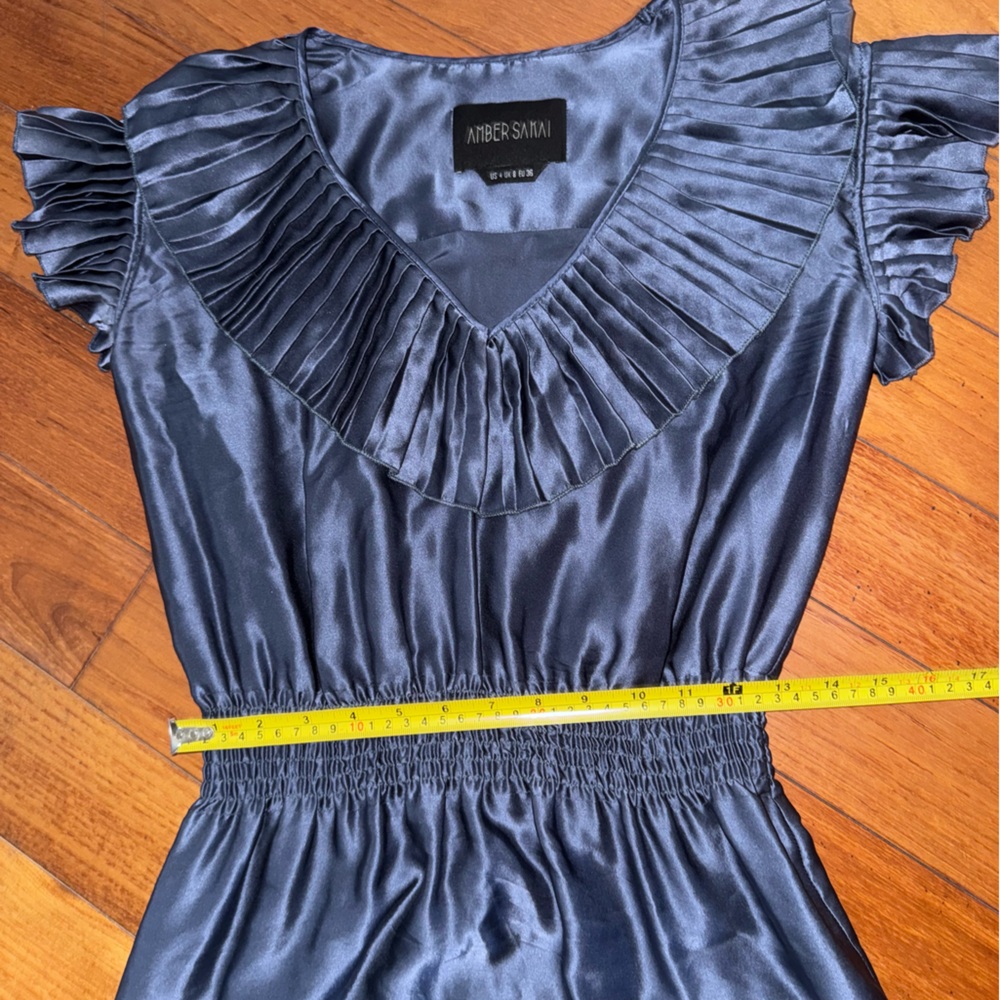 Amber Sakai Blue Satin Dress size 4 U.S. pleated - Picture 9 of 13